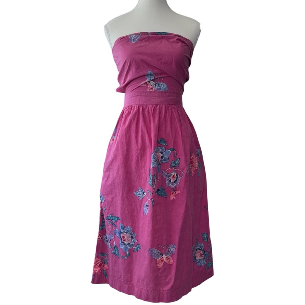 |VTG| JAVA WRAPS 80’s Strapless Pink Floral Butterfly Midi Wrap Dress